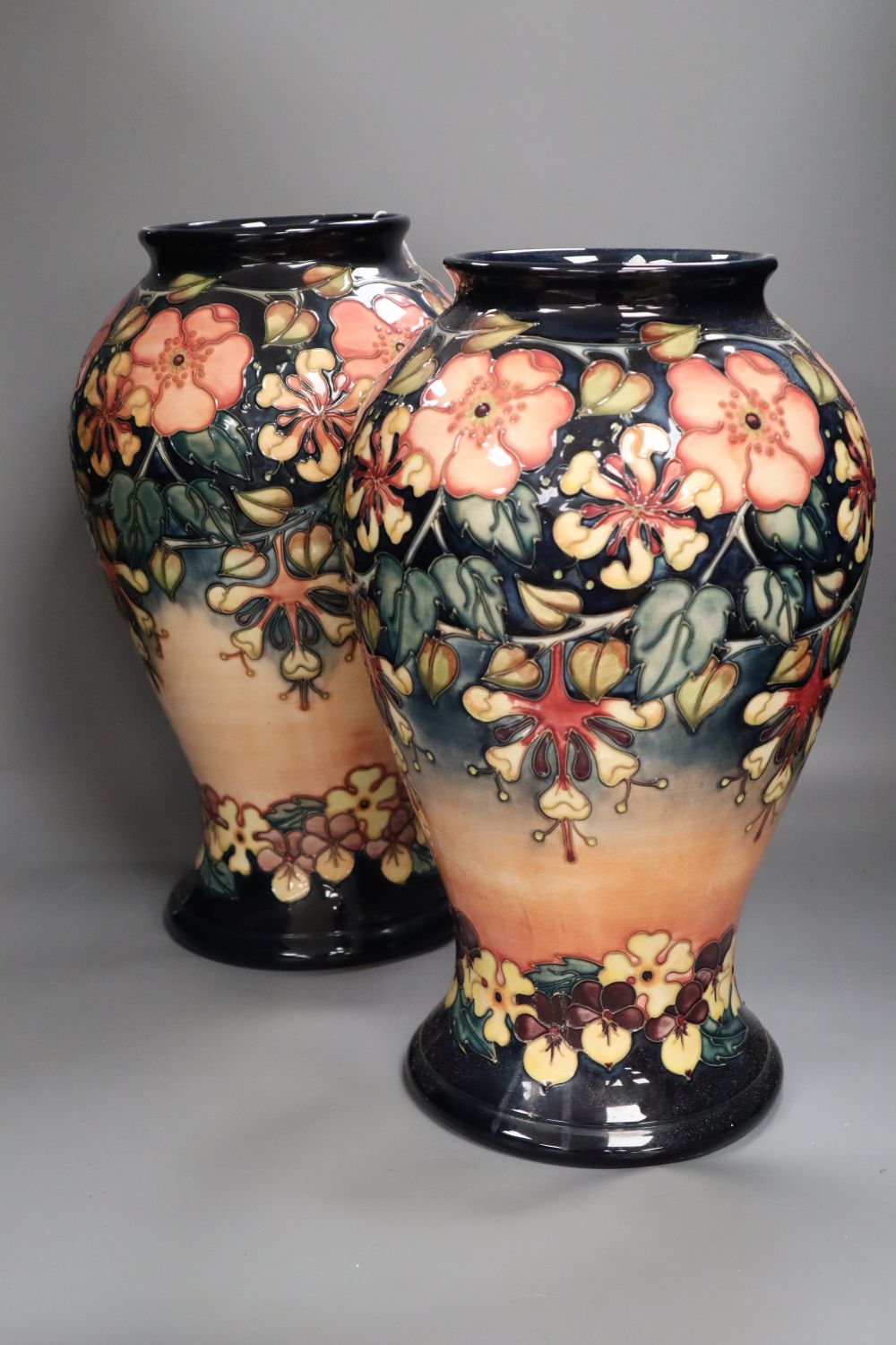 A pair of large Moorcroft Oberon pattern baluster vases, c.1995-7, 43cm high